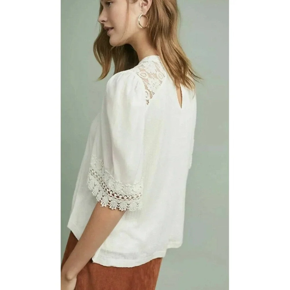 Anthropologie Feather Bone White Armana Lace Trim Crochet Puff Sleeve Blouse XS
